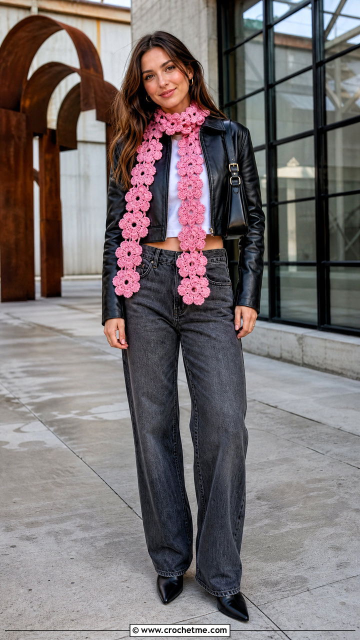 Flower Motif Crochet Scarf With Leather Jacket - 35 simple crochet scarf outfit ideas