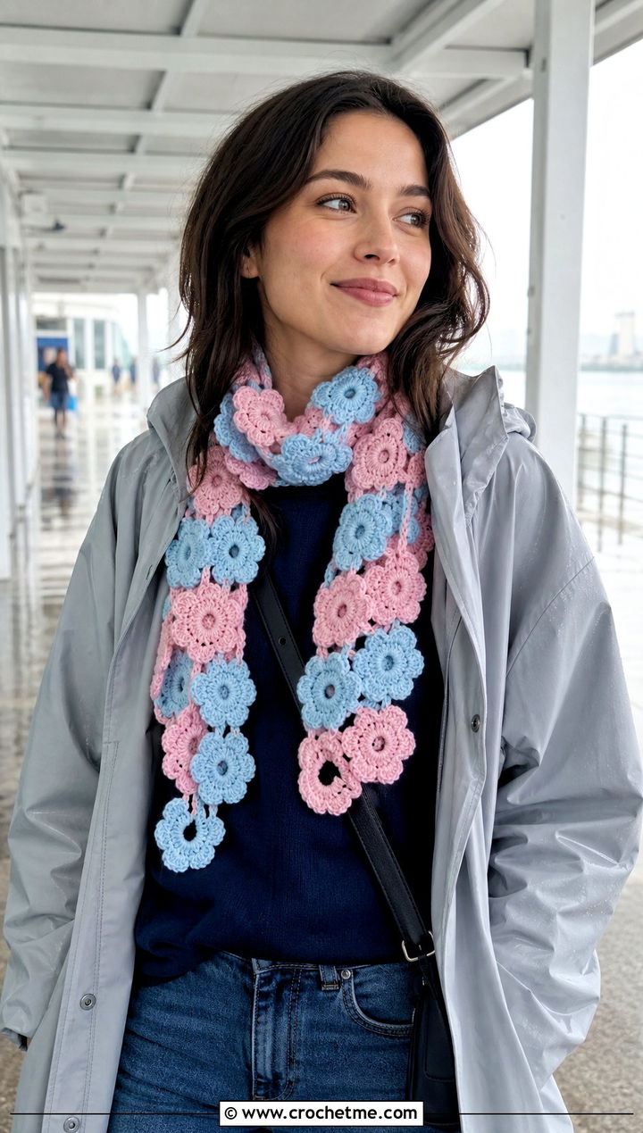 Flower Motif Crochet Scarf With Raincoat And Jeans - 30 2 color crochet scarf outfit ideas