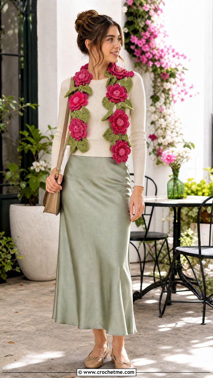 Flower Motif Crochet Scarf With Slip Skirt - 35 crochet scarf ideas