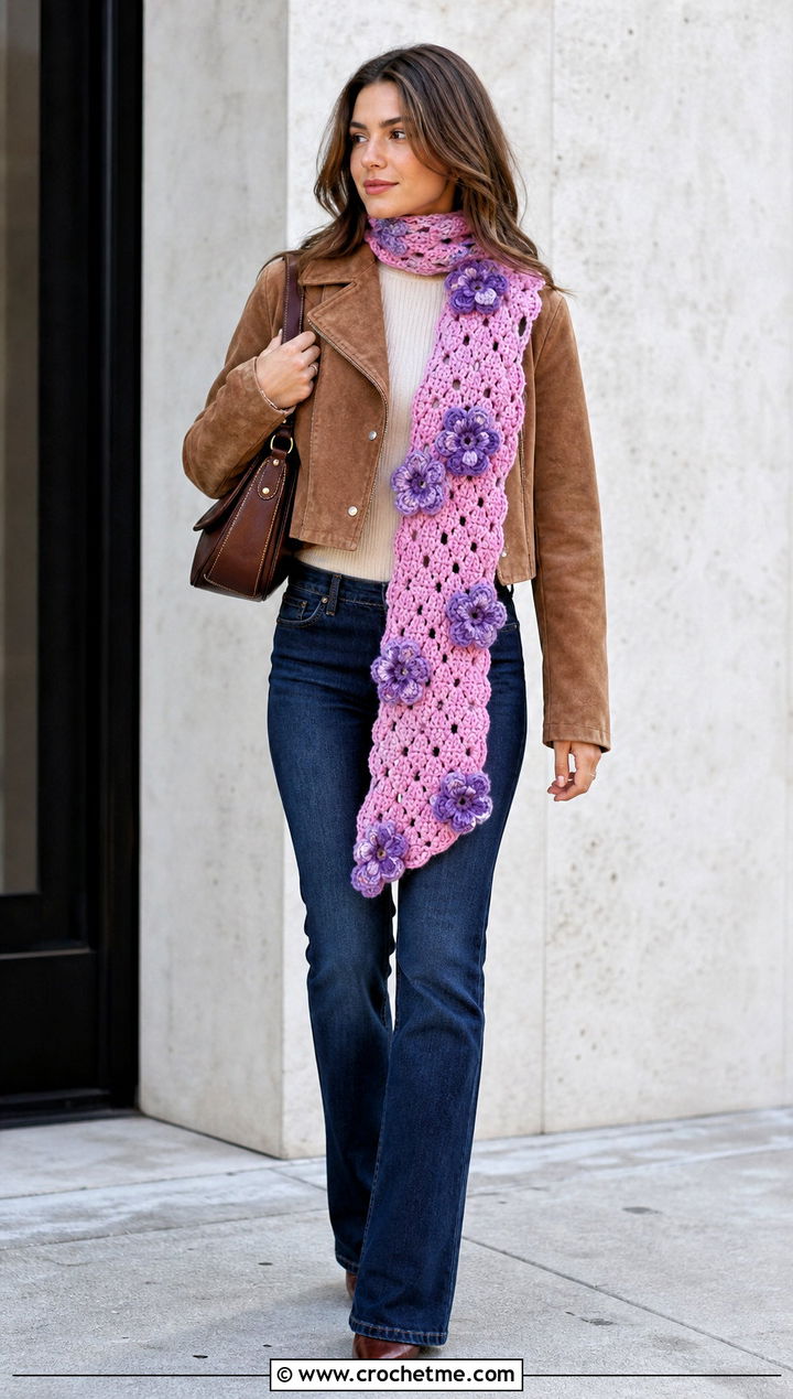 Flower Motif Crochet Scarf With Suede Jacket - 35 fall crochet scarf outfit ideas