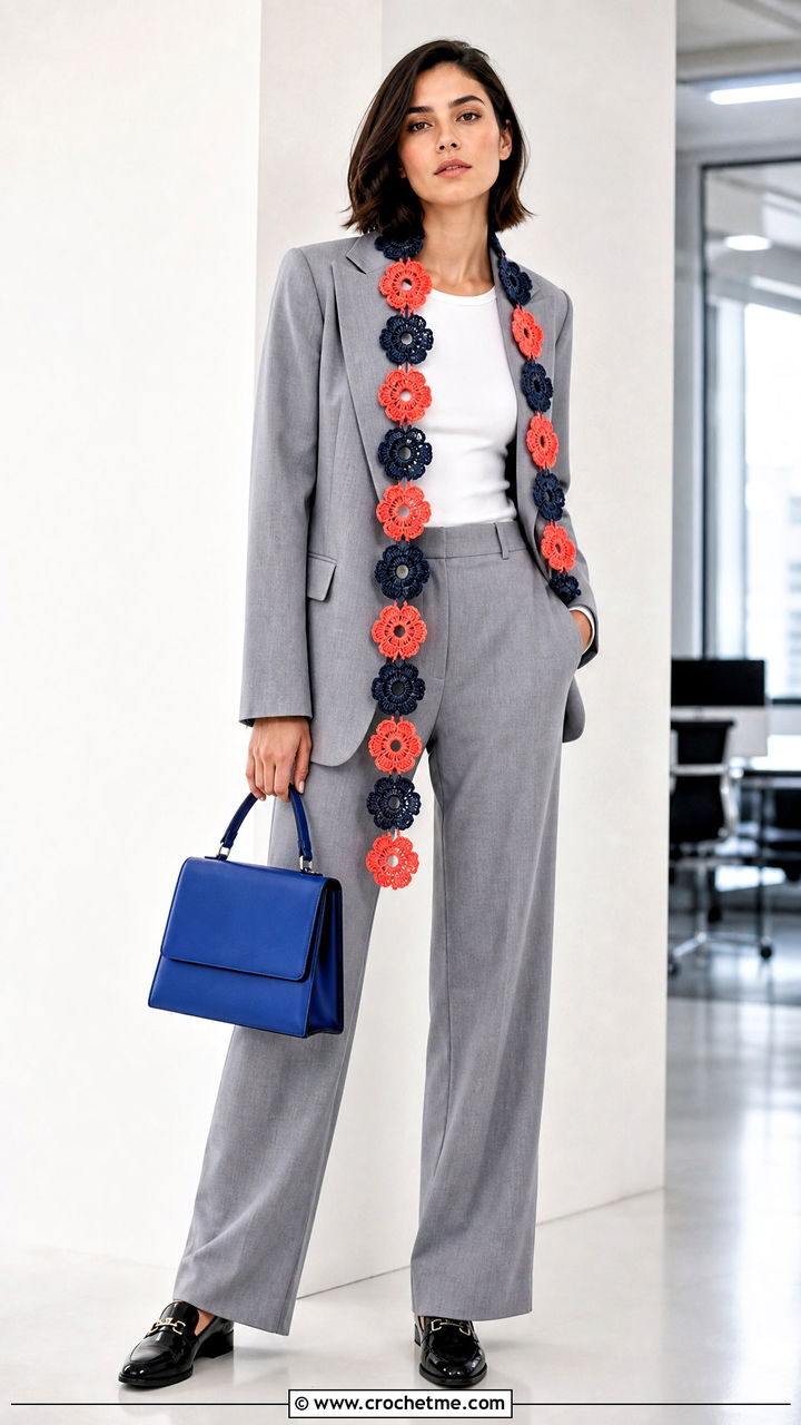 Flower Motif Crochet Scarf With Tailored Suit - 35 beginner crochet scarf outfit ideas