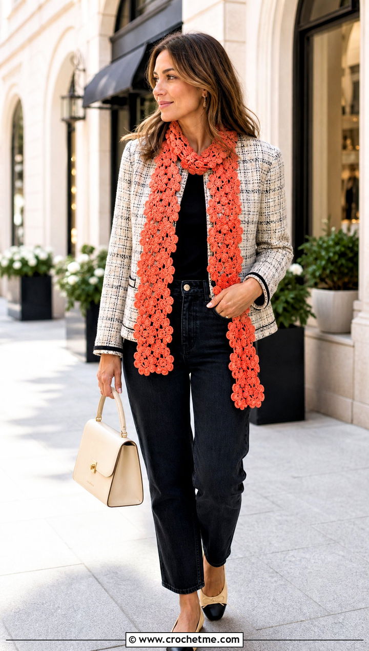 Flower Motif Crochet Scarf With Tweed Jacket And Jeans - 20 Elegant Crochet Scarf outfit ideas