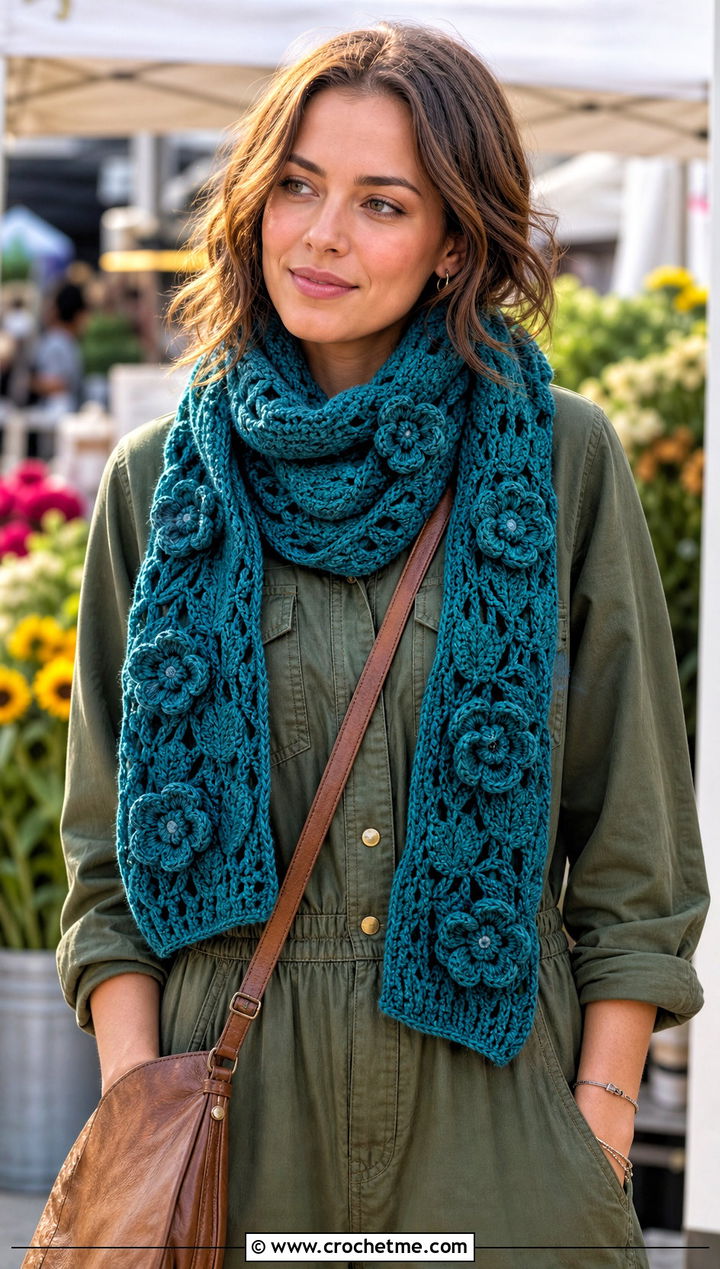 Flower Motif Crochet Scarf With Utility Jumpsuit - 25 Tiny Crochet Scarf outfit ideas