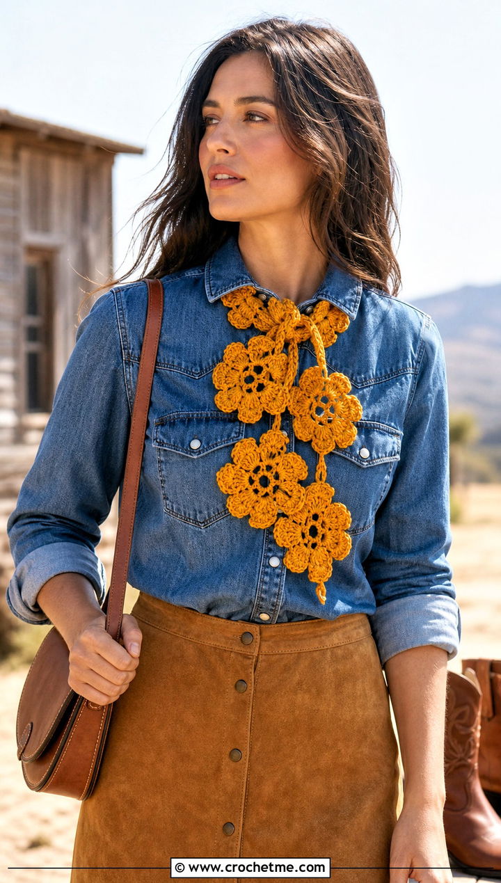 Flower Motif Crochet Scarf With Western Shirt - 25 crochet scarf design ideas
