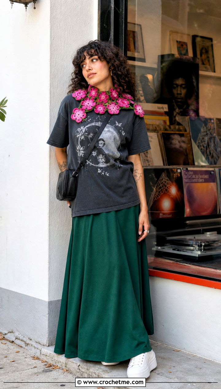 Flower Motif Crochet Scarflet With Graphic T Shirt And Maxi Skirt - 35 crochet mini scarf outfit ideas