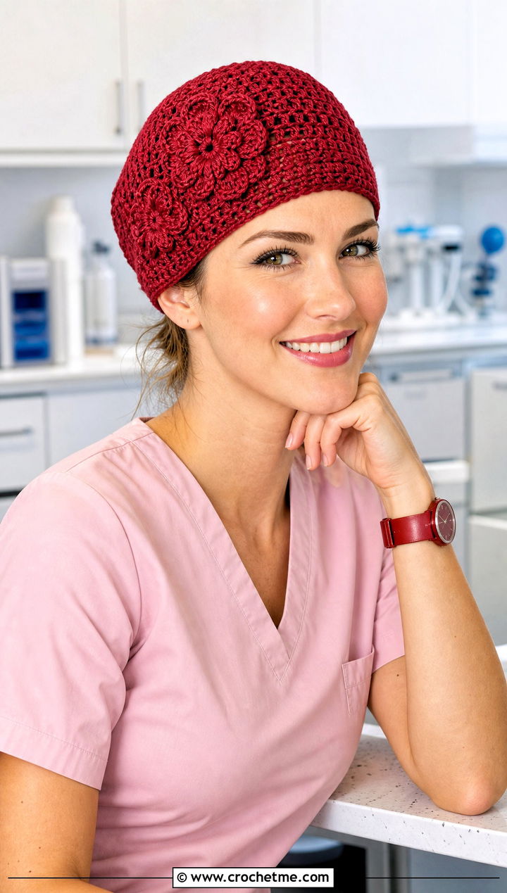 Flower Motif Crochet Scrub Cap With Pink Scrubs - 20 Crochet Scrub Cap outfit ideas