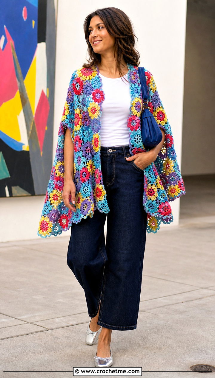 Flower Motif Crochet Shawl With Arm Holes And Barrel Jeans - 30 crochet shawl with arm holes outfit ideas
