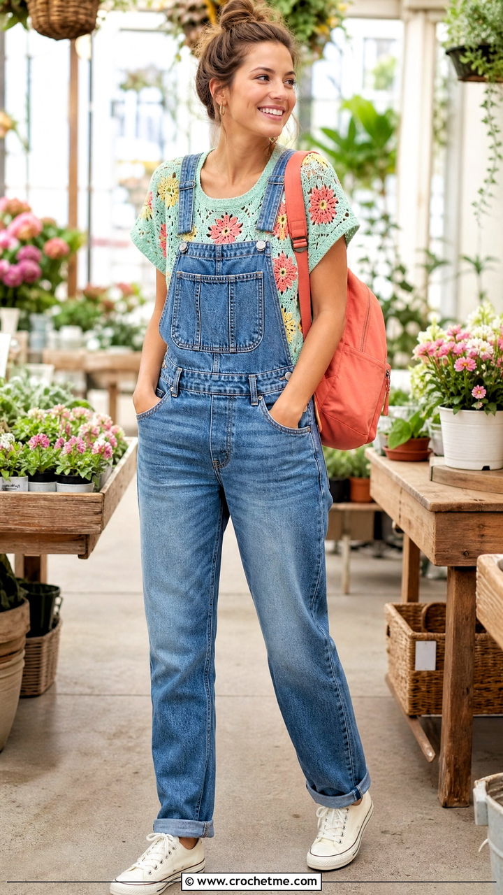 Flower Motif Crochet Shirt With Denim Overalls - 35 crochet shirts outfit ideas