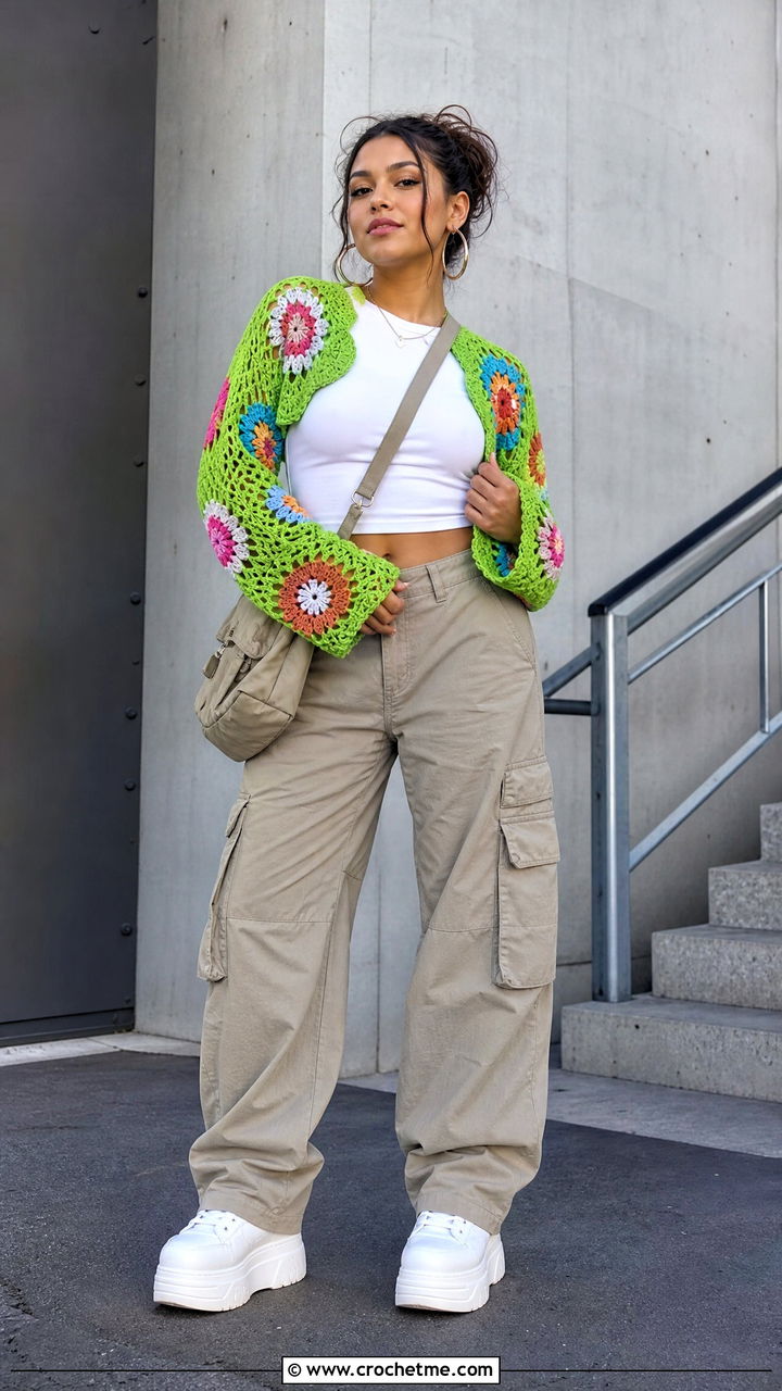 Flower Motif Crochet Shrug With Cargo Pants - 35 crochet shrug bolero outfit ideas