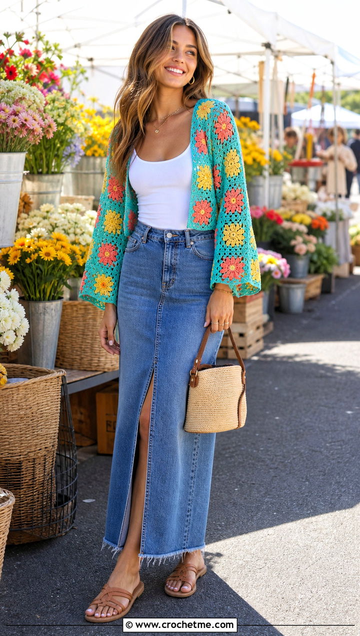 Flower Motif Crochet Shrug With Denim Maxi Skirt - 30 crochet sweater sleeves outfit ideas