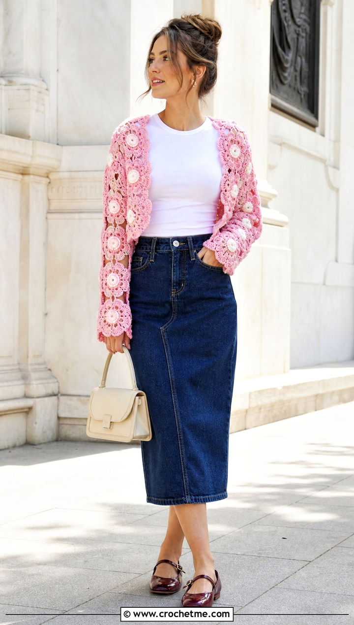 Flower Motif Crochet Shrug With Denim Midi Skirt - 30 Crochet Long Sleeve Half Top outfit ideas