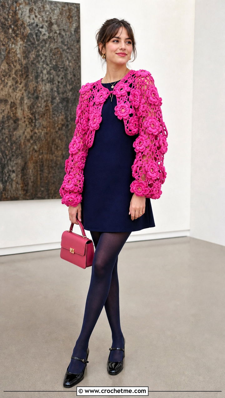 Flower Motif Crochet Shrug With Mini Dress - 25 cute crochet shrug outfit ideas