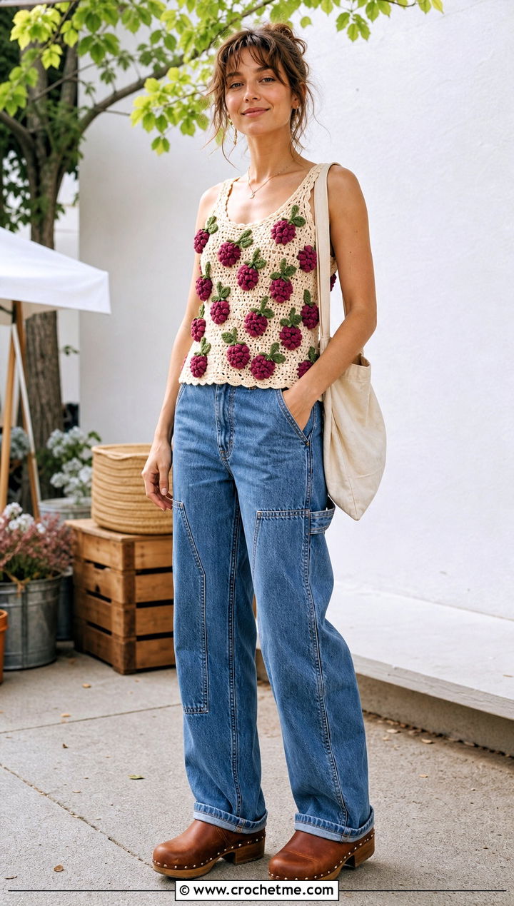 Flower Motif Crochet Top With Carpenter Jeans - 35 crochet vintage top outfit ideas