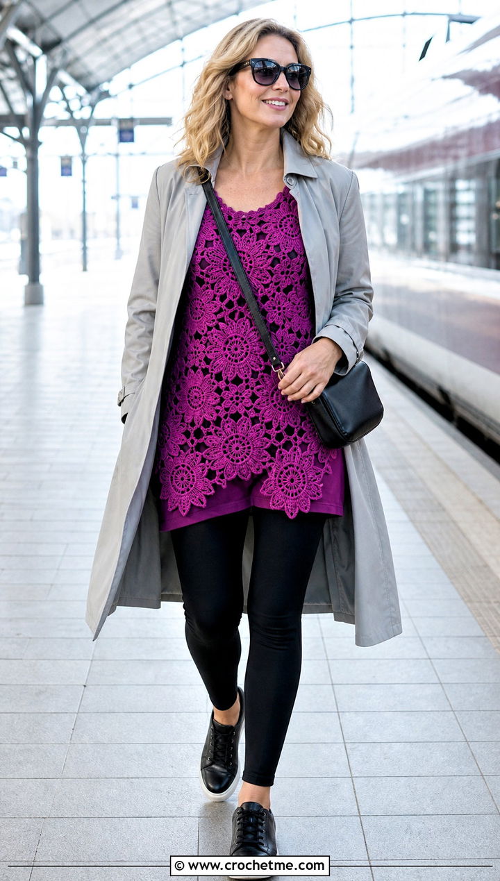 Flower Motif Crochet Tunic With Black Leggings - 25 flower crochet tops outfit ideas