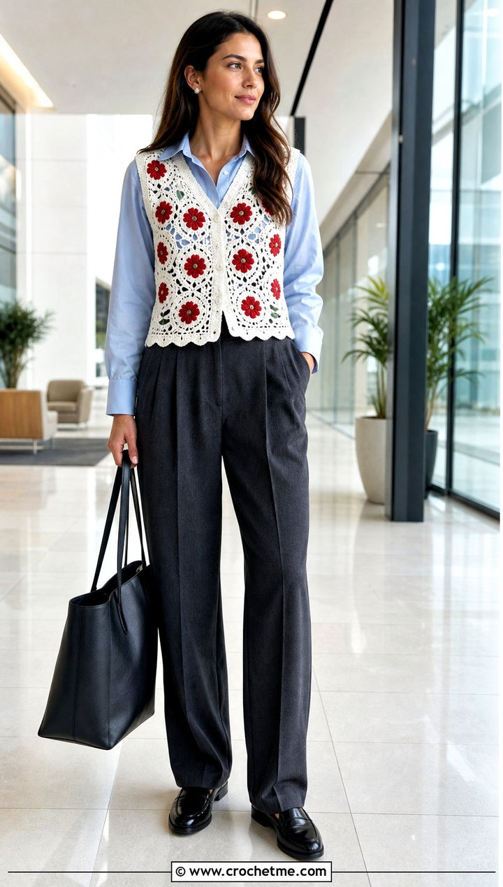 Flower Motif Crochet Vest Top With Pleated Trousers - 15 white crochet top with flowers outfit ideas