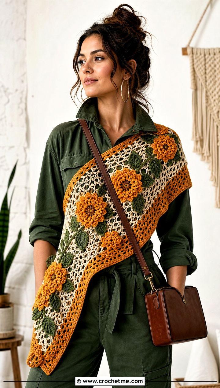 Flower Motif Crochet Wrap With Utility Jumpsuit - 20 Crochet For Shawls And Wraps outfit ideas