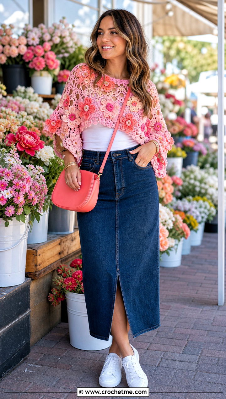 Flower Motif Cropped Crochet Poncho With a Denim Skirt - 20 Cropped Crochet Poncho outfit ideas