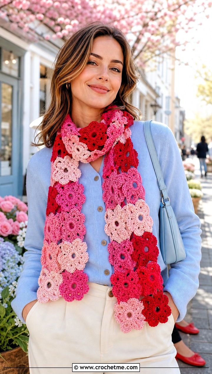 Flower Motif Gradient Crochet Scarf With Cardigan - 25 gradient crochet scarf outfit ideas