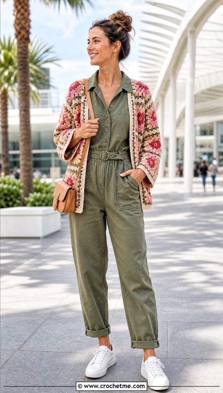Flower Motif Granny Square Cardigan With Utility Jumpsuit - 30 granny squares cardigan outfit ideas