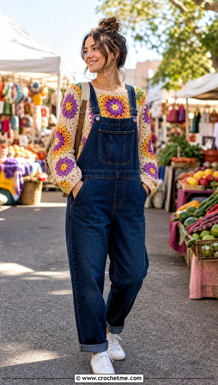 Flower Motif Granny Square Jumper With Denim Overalls - 35 granny square jumper outfit ideas