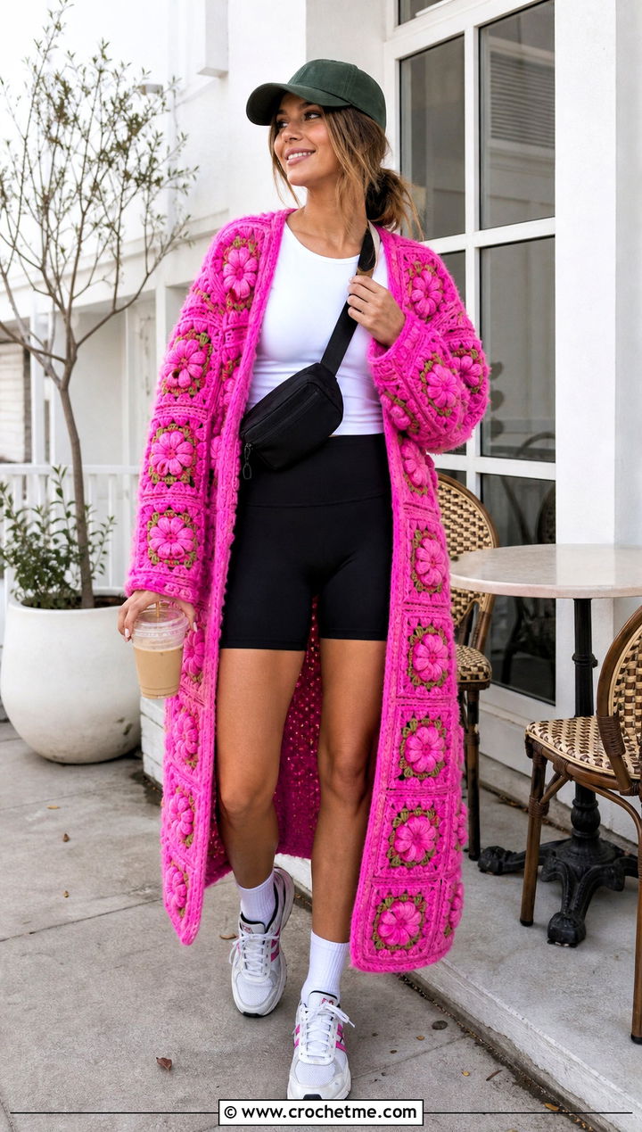 Flower Motif Granny Square Long Cardigan With Bike Shorts - 25 crochet granny square long cardigan outfit ideas