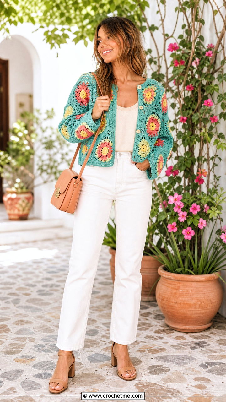 Flower Motif Hexagon Crochet Cardigan With White Denim - 35 hexagon crochet cardigan outfit ideas