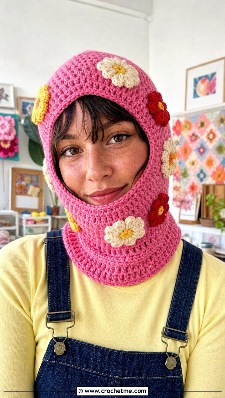 Flower Motif Pink Crochet Balaclava With Overalls - 25 Pink Crochet Balaclava outfit ideas