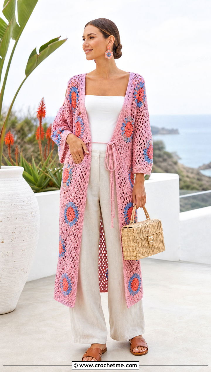 Flower Patch Buttoned Crochet Wrap With Linen Pants - 15 Buttoned Crochet Wrap outfit ideas