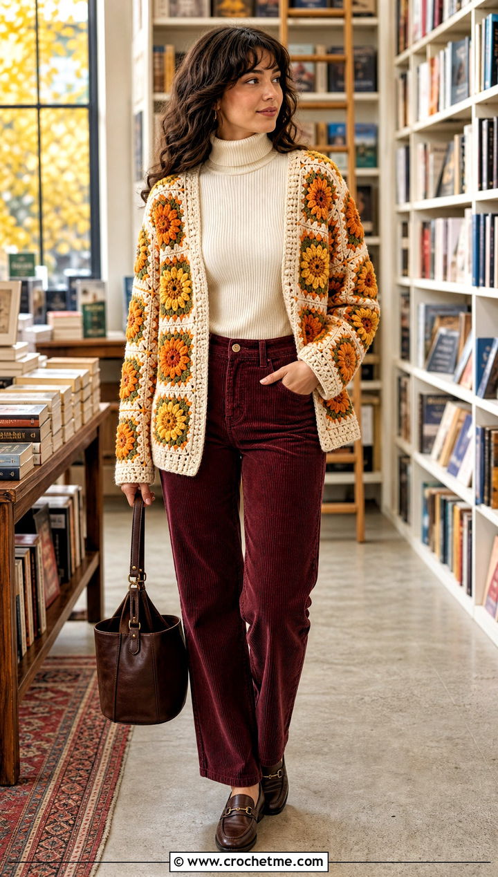 Flower Patch Crochet Cardigan With Corduroy Pants - 25 Square Patch Crochet Cardigan outfit ideas