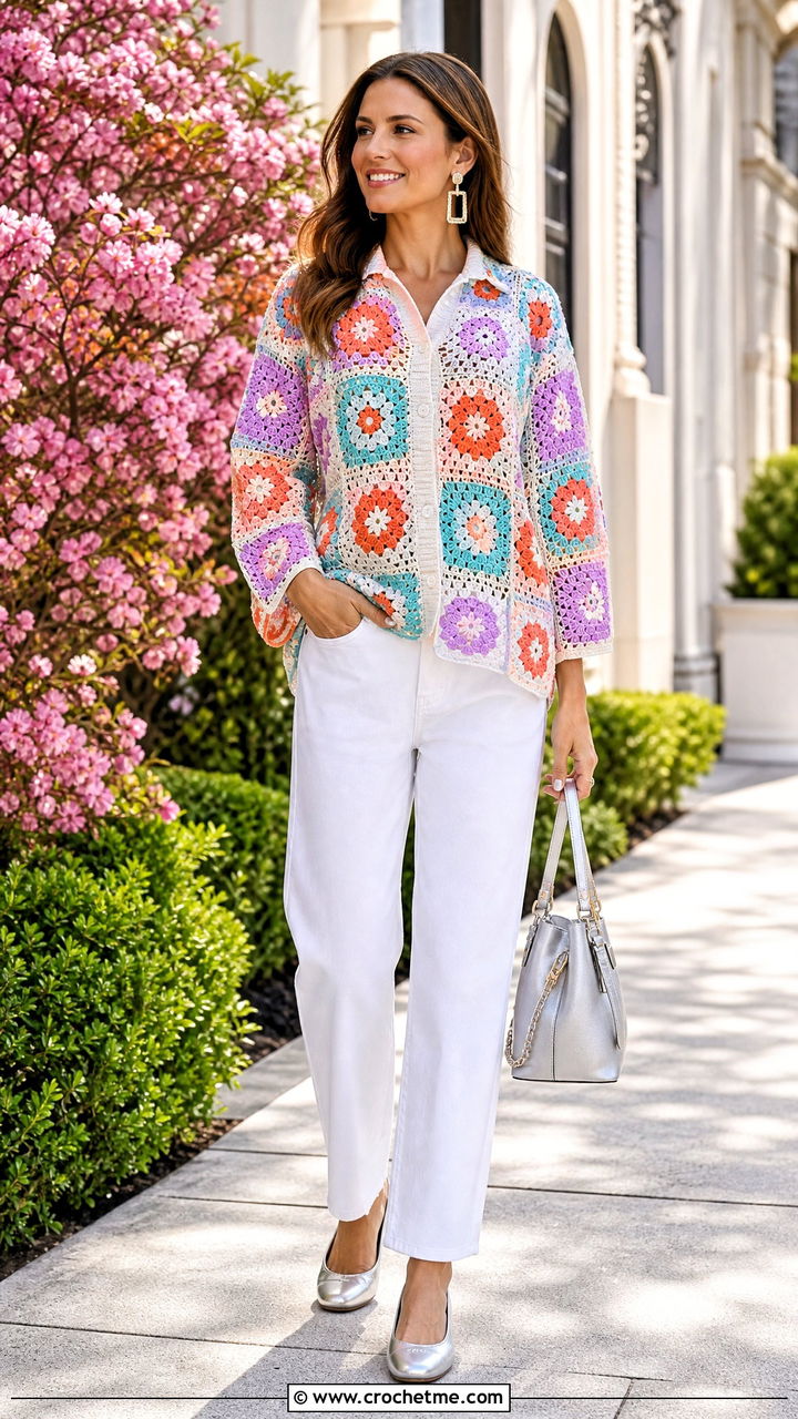 Flower Patchwork Crochet Shirt With White Jeans - 35 Crochet Flower Shirt outfit ideas