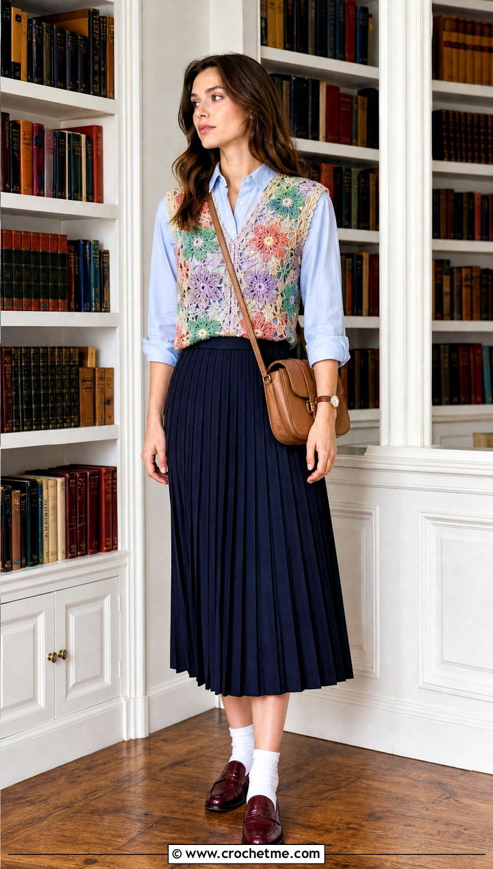 Flower Patchwork Mesh Crochet Vest With Pleated Skirt - 25 mesh flower crochet top outfit ideas