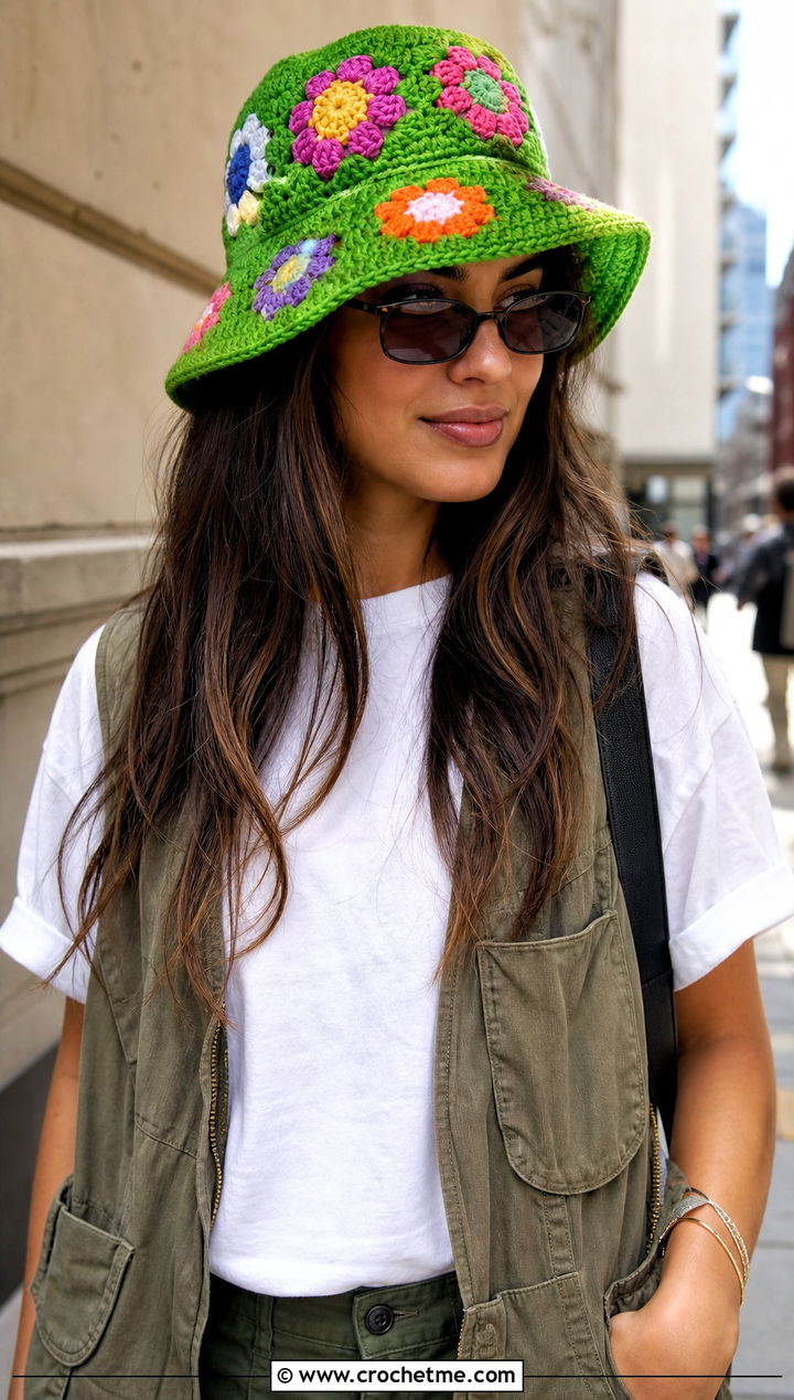 Flower Power Crochet Bucket Hat With Cargo Pants - 30 crochet flower hat outfit ideas