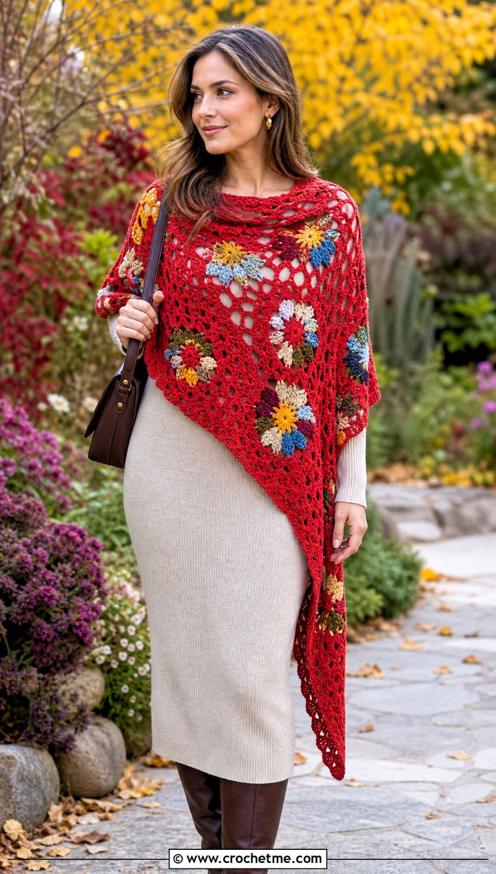 Flower Power Shawl With Knit Dress And Knee Boots - 15 sophie digard crochet shawl outfit ideas