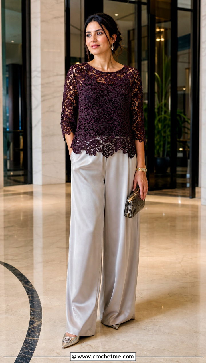 Flower Scallop Hem Sweater With Silk Trousers - 30 flower crochet sweater outfit ideas