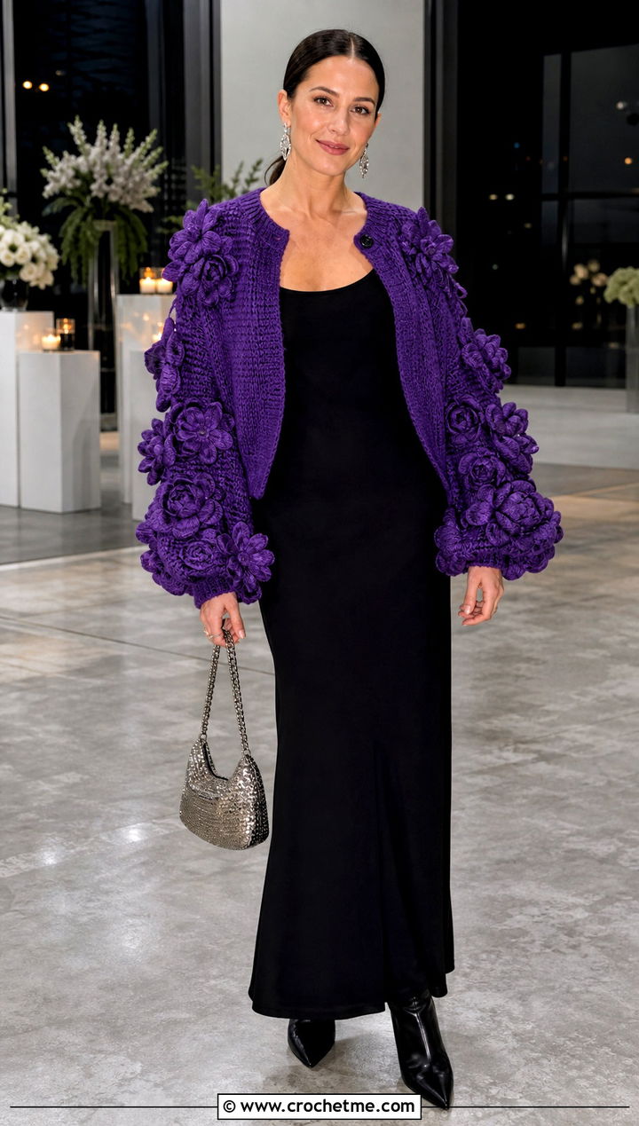 Flower Sleeve Cardigan With Black Maxi Dress - 30 crochet flower cardigan outfit ideas