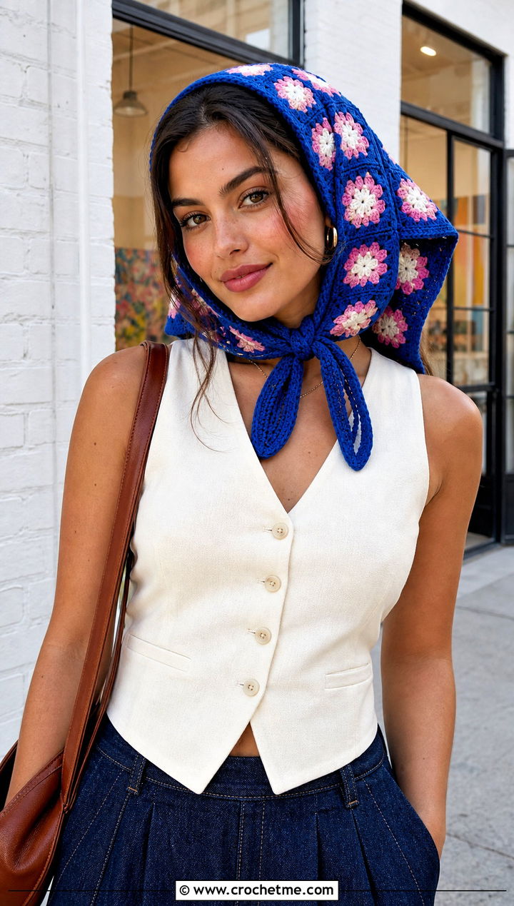 Flower Square Crochet Summer Scarf With Vest And Denim Maxi Skirt - 30 crochet summer scarf outfit ideas