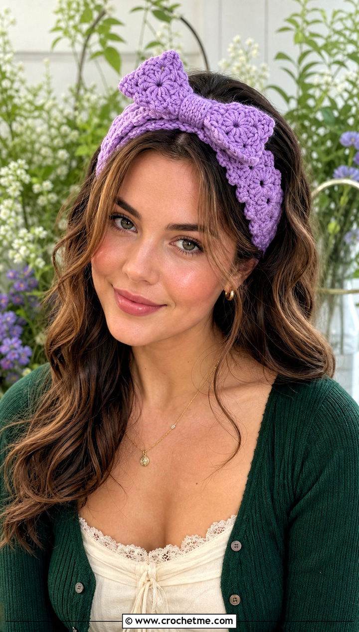 Flower Stitch Crochet Bow Headband With Cardigan And Maxi Skirt - 30 crochet headband with bow outfit ideas