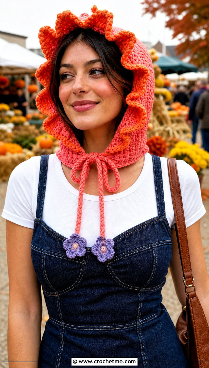 Flower Tie Hooded Crochet Balaclava With Denim Dress - 30 hooded crochet balaclava outfit ideas