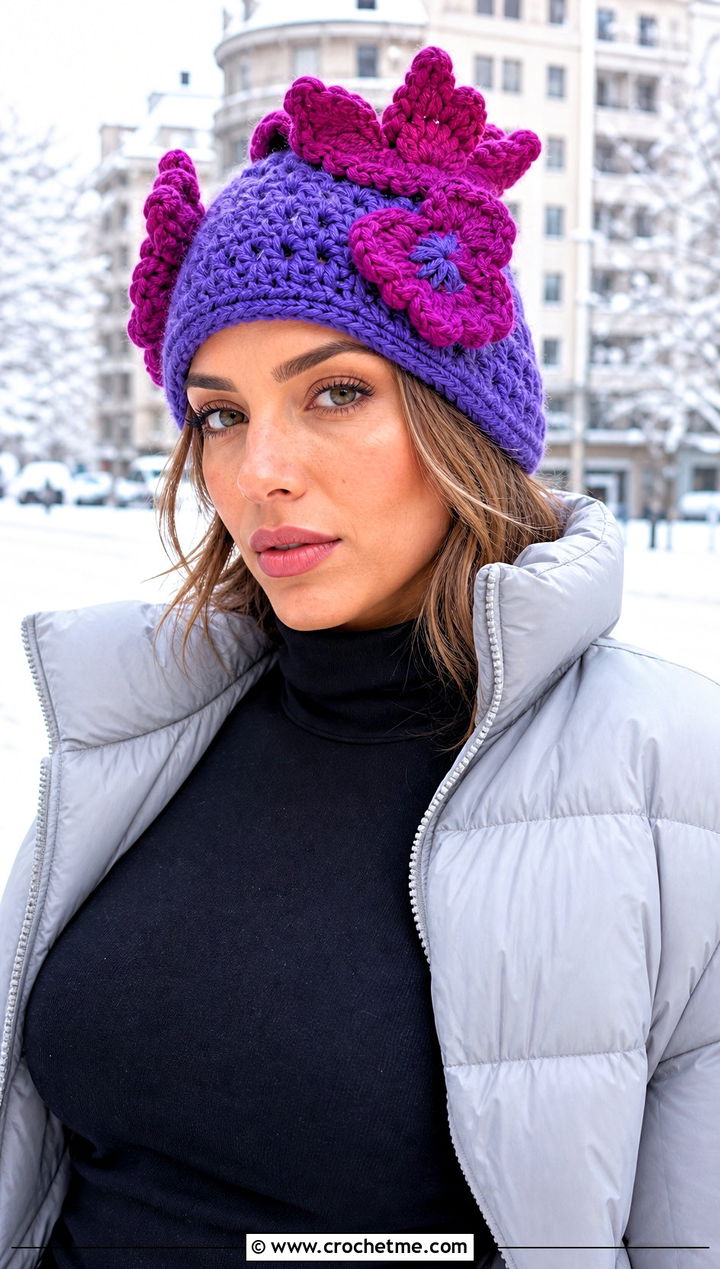 Flower Top Crochet Beanie With Puffer Jacket - 30 crochet flower hat outfit ideas