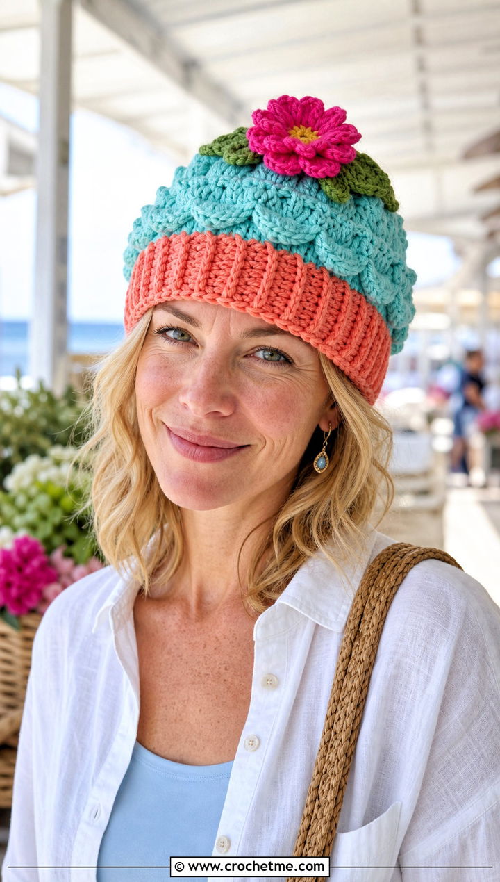 Flower Top Crochet Cupcake Hat With Linen Set - 30 crochet cupcake hat outfit ideas