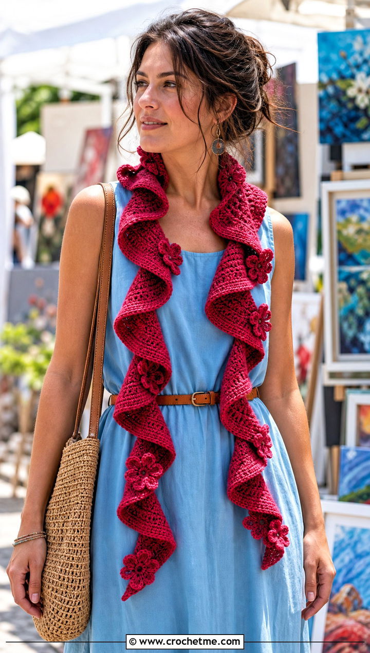 Flower Trim Spiral Crochet Scarf With Maxi Dress - 15 easy spiral crochet scarf outfit ideas