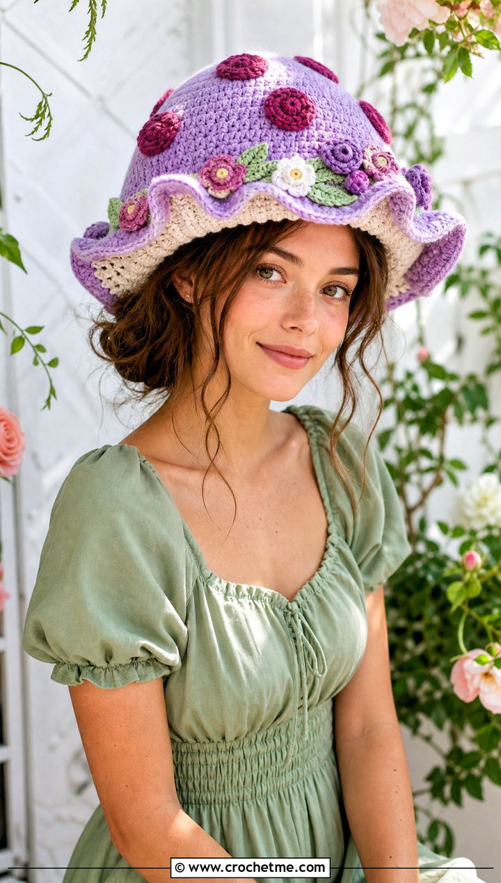 Flower Trimmed Mushroom Crochet Hat With Midi Dress - 25 mushroom crochet hat outfit ideas