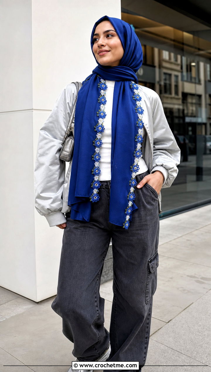 Flower Trimmed Scarf With Streetwear - 30 crochet scarf with flowers outfit ideas