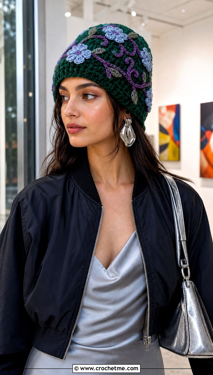Flower Vine Crochet Beanie With Slip Dress And Bomber - 30 crochet flower beanie outfit ideas