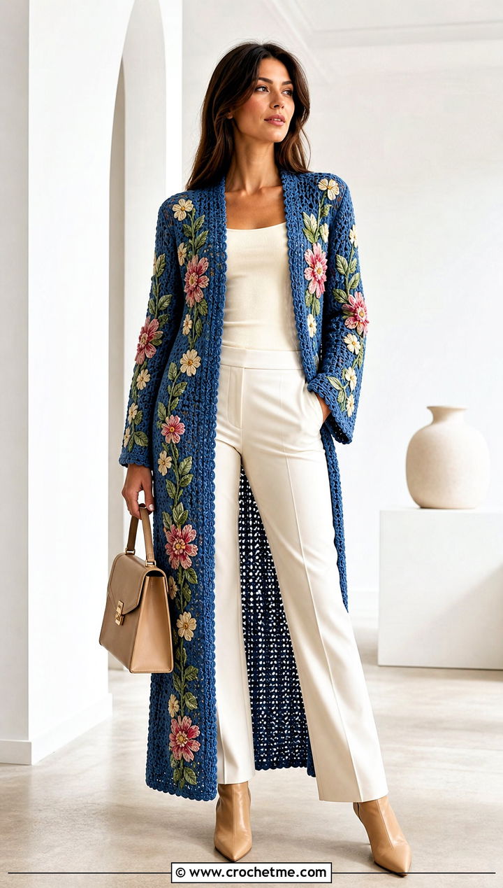 Flower Vine Longline Cardigan With Monochrome Basics - 30 flower crochet sweater outfit ideas