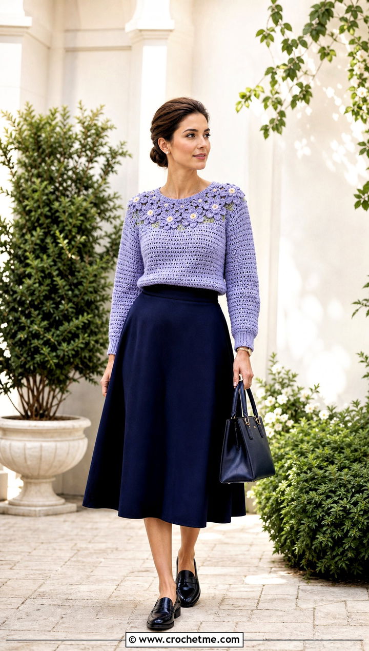 Flower Yoke Crochet Sweater With A Line Midi Skirt - 35 crochet sweater with flowers outfit ideas