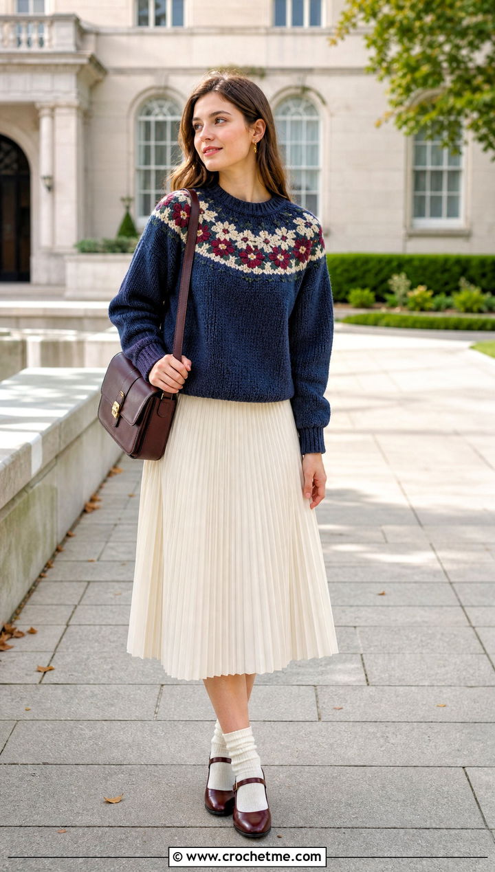 Flower Yoke Sweater With Pleated Midi Skirt - 30 flower crochet sweater outfit ideas