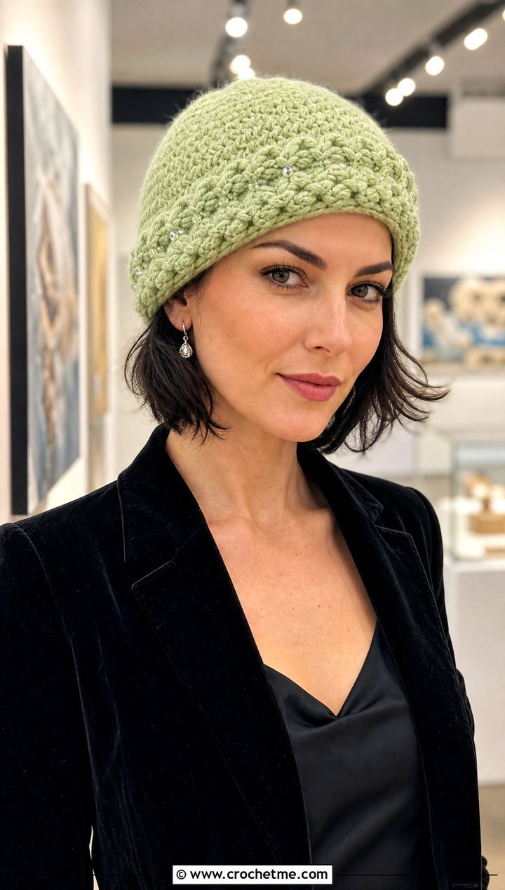 Fluffy Beaded Beanie With Velvet Blazer And Satin Trousers - 30 fluffy crochet beanie outfit ideas