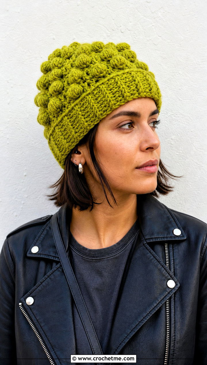Fluffy Bobble Stitch Beanie With Leather Jacket And Straight Jeans - 30 fluffy crochet beanie outfit ideas