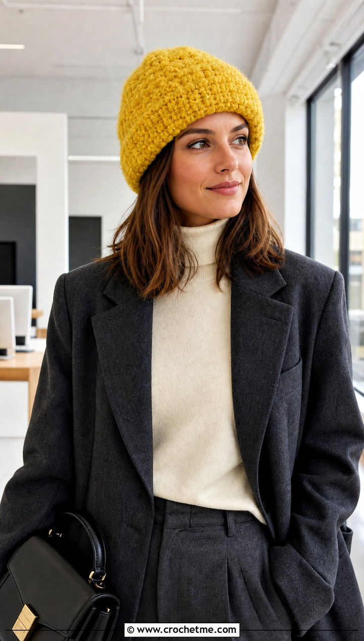 Fluffy Boucle Cuffed Beanie With Blazer And Trousers - 30 fluffy crochet beanie outfit ideas